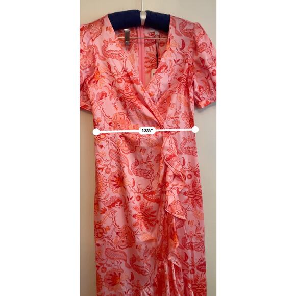 Cinq à Sept faux-wrap-front bodice ruffled hem dress Kay satin midi-dress size 4 - Picture 5 of 10